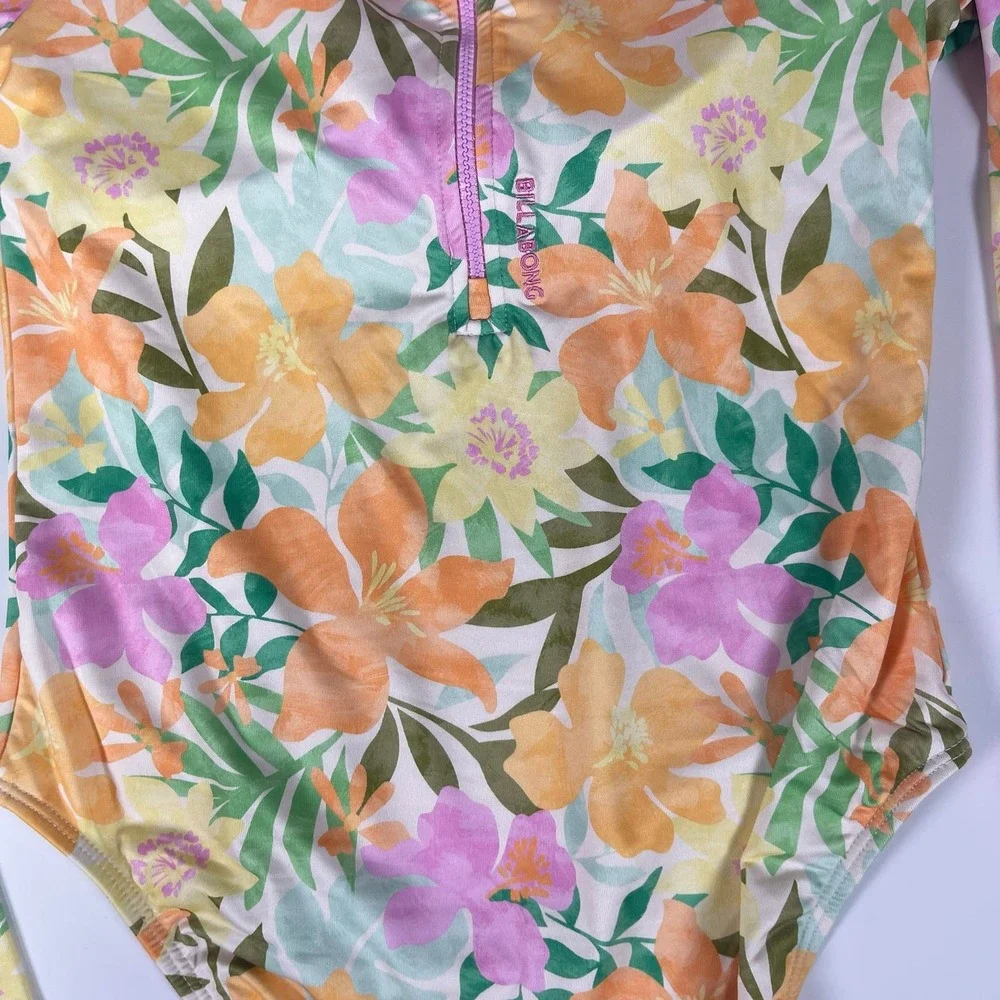 Billabong Girls Floral Long Sleeve Rashguard One-Piece & Shorts Swim Set L 14/16